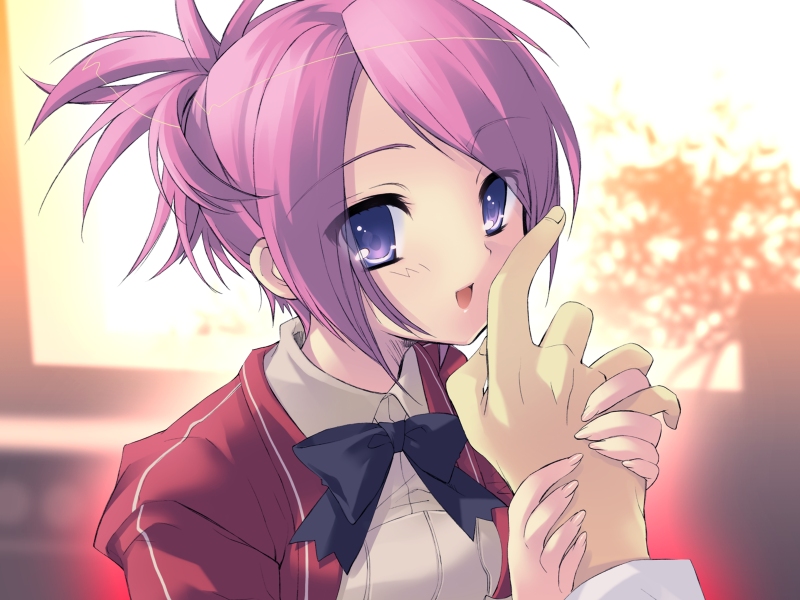 ito noizi, akizuki nagi, peace@pieces, game cg, 1girl, blue eyes, female focus, male hand, pink hair, solo