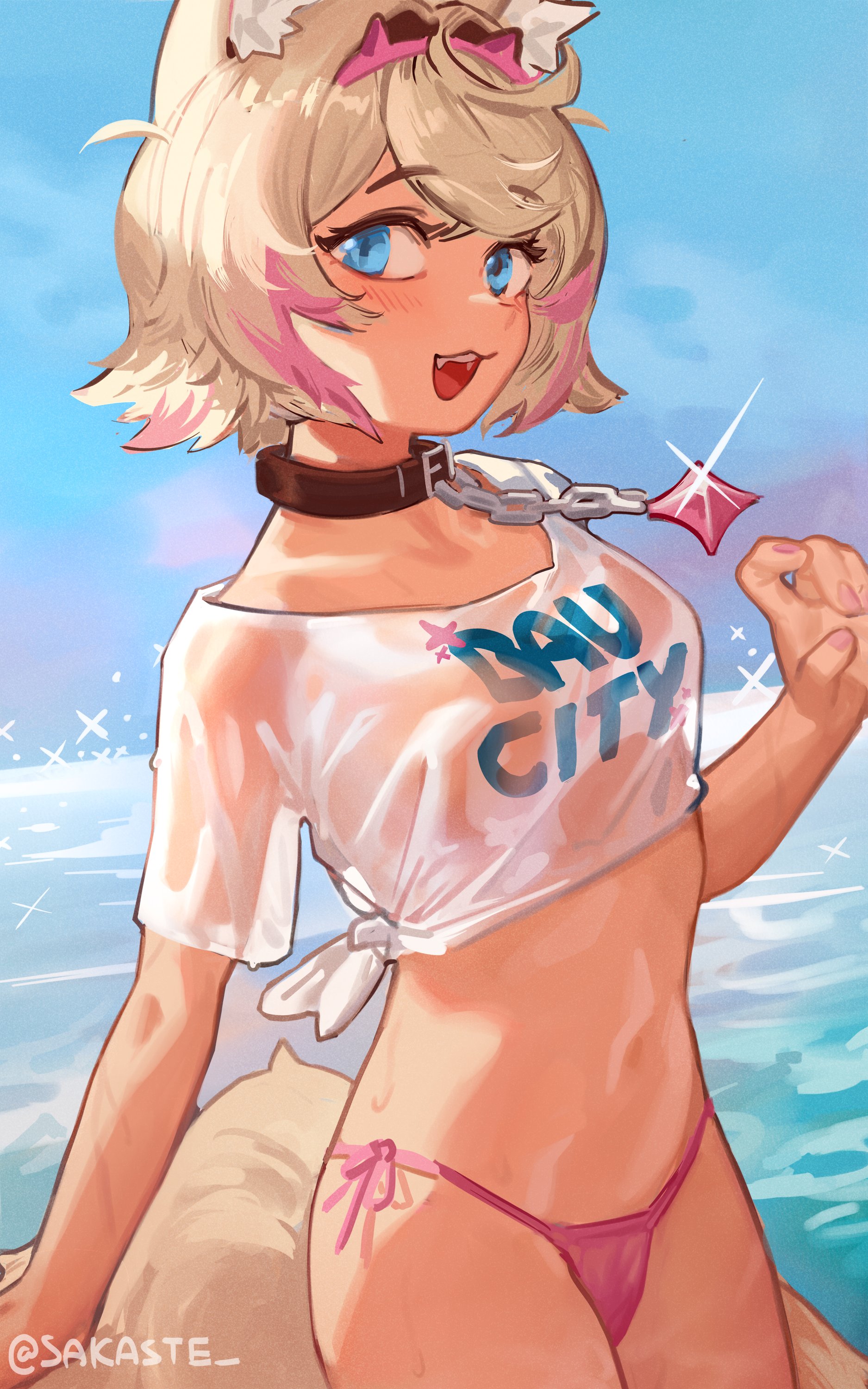 sakaste, mococo abyssgard, hololive, hololive english, absurdres, highres, animal ear fluff, animal ears, bikini, bikini bottom only, blonde hair, blue eyes, blush, dog ears, dog girl, dog tail, multicolored hair, navel, open mouth, pink hair, shirt, short hair, streaked hair, swimsuit, tail, tied shirt, virtual youtuber