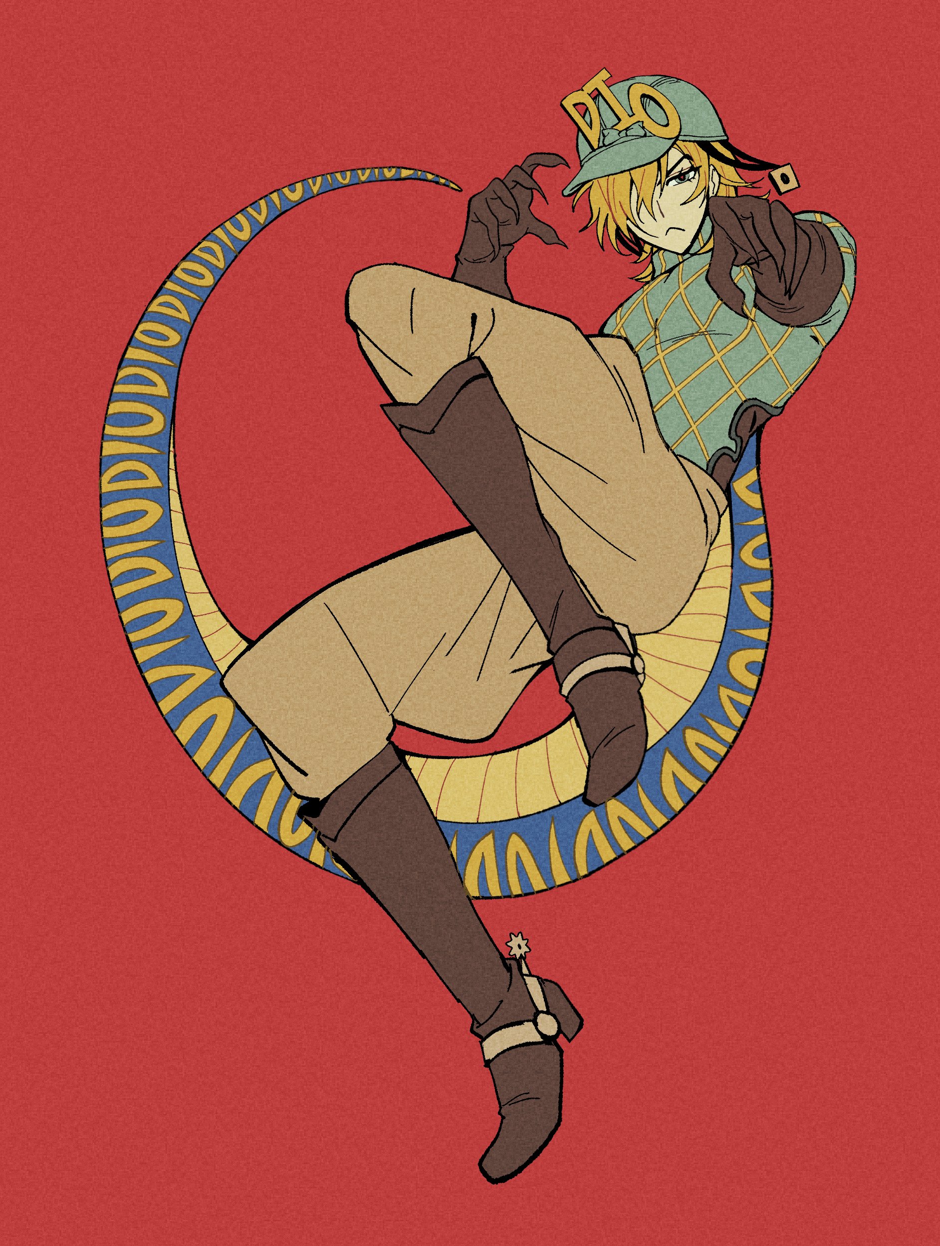grimfantas, diego brando, scary monsters (stand), jojo no kimyou na bouken, steel ball run, absurdres, commentary, hashtag-only commentary, highres, 1boy, :<, argyle clothes, argyle sweater, bishounen, blonde hair, blue eyes, boots, brown boots, claws, dinosaur tail, full body, gloves, green helmet, green sweater, hair over one eye, hat, helmet, jodhpurs, looking at viewer, male focus, pants, red background, spurs, stand (jojo), sweater, tail
