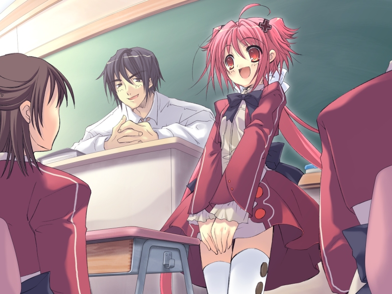 ito noizi, momose hikaru, murakami hisato, peace@pieces, game cg, 1boy, 2girls, classroom, indoors, multiple girls, open mouth, red eyes, red hair, school, standing, thighhighs