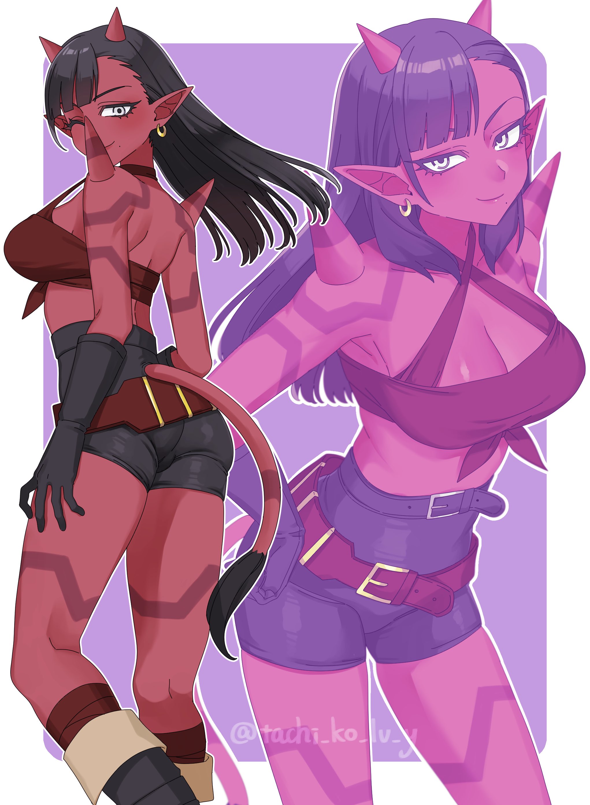tachi ko lv y, ogre (dq10), dragon quest, dragon quest x, absurdres, commentary request, highres, 1girl, ass, asymmetrical bangs, belt, black boots, black gloves, black hair, black shorts, blunt bangs, body markings, boots, border, bra, breasts, brown belt, brown socks, cleavage, colored skin, earrings, gloves, gold earrings, grey eyes, high-waist shorts, hoop earrings, jewelry, large breasts, long hair, looking at viewer, looking back, midriff, mole, mole under mouth, multiple views, one eye closed, pointy ears, purple background, red bra, red skin, shorts, shoulder spikes, smile, socks, solo, spikes, tail, underwear, white border
