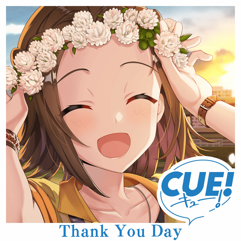 shirako miso, myojin rinne, cue!, official art, 1girl, :d, ^ ^, arms up, blush, brown hair, brown jacket, building, closed eyes, cloud, collarbone, collared jacket, copyright logo, english text, evening, flipped hair, flower, head wreath, jacket, jewelry, leaf, lips, looking at viewer, medium hair, necklace, open hand, open mouth, outdoors, parted bangs, portrait, short sleeves, sky, smile, solo, spread fingers, sunset, thank you, watch, white flower, wristwatch