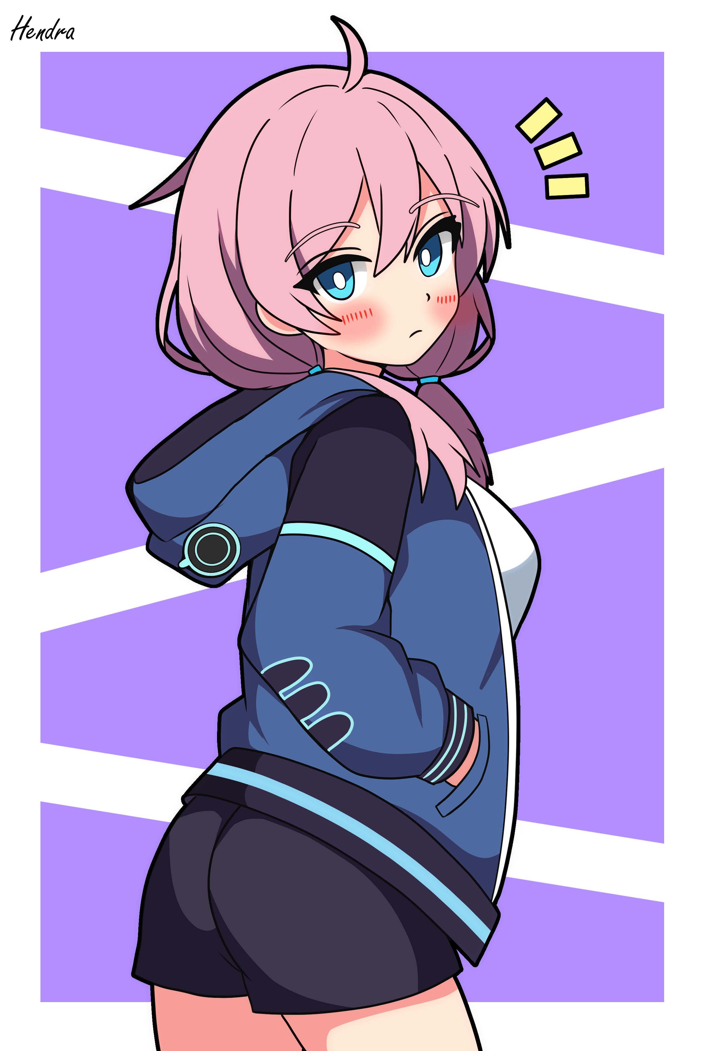 hendra, blue poison (arknights), arknights, absurdres, commentary request, highres, 1girl, ahoge, ass, black shorts, blue eyes, blue jacket, blush, breasts, hood, hooded jacket, jacket, looking at viewer, low twintails, medium breasts, notice lines, pink hair, shirt, shorts, solo, twintails, white shirt