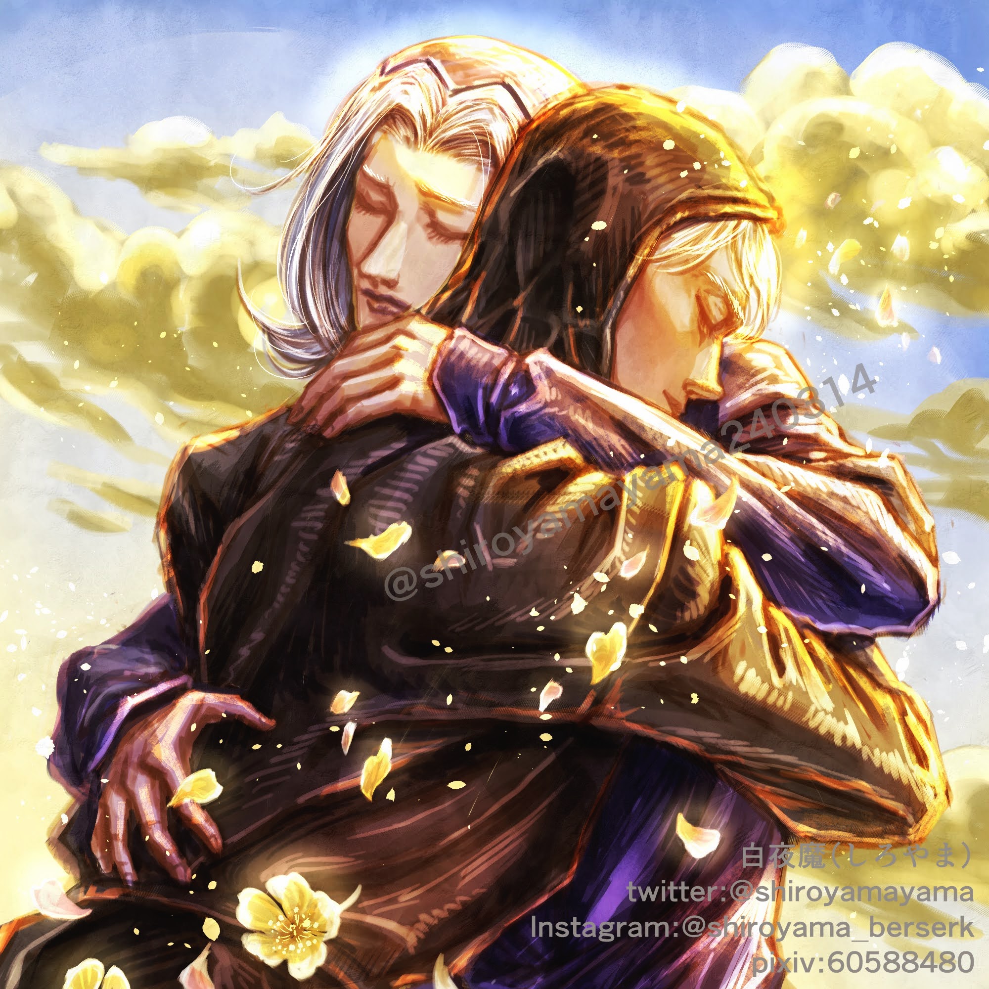 shiroyama (cxxy8358), leone abbacchio, risotto nero, jojo no kimyou na bouken, vento aureo, commentary request, highres, 2boys, black coat, black hood, closed eyes, cloud, cloudy sky, coat, flower, grey hair, hat, hug, instagram username, long hair, long sleeves, male focus, multiple boys, petals, purple coat, sky, white hair, yaoi