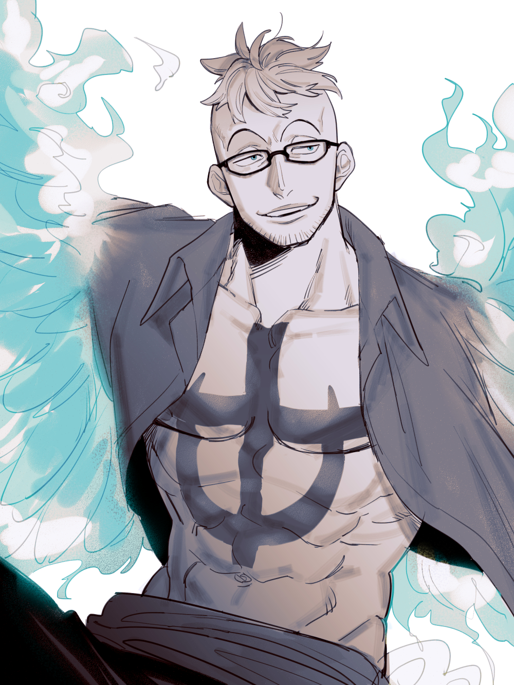 chanko neru, marco (one piece), one piece, commentary request, highres, 1boy, abs, anchor tattoo, beard, blue eyes, blue wings, collared shirt, facial hair, glasses, male focus, navel, open clothes, open shirt, sash, shirt, short hair, simple background, smile, solo, tattoo, wings
