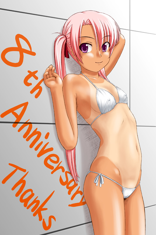 tk4, original, 1girl, bikini, covered erect nipples, female focus, flat chest, long hair, one-piece tan, petite, pink hair, purple eyes, side-tie bikini bottom, solo, swimsuit, tan, tanline, twintails, white bikini