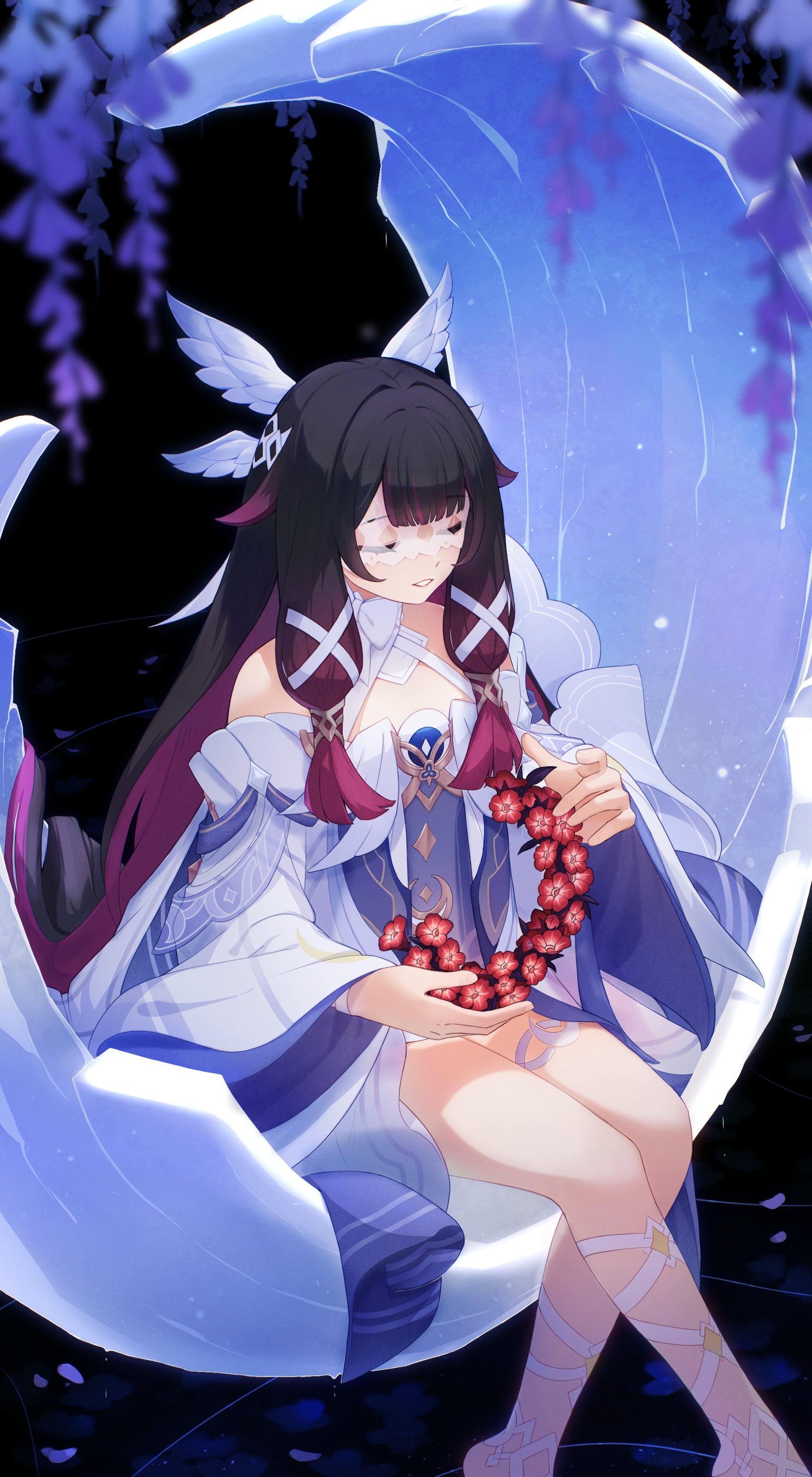 kameg00n, columbina (genshin impact), genshin impact, absurdres, commentary, english commentary, highres, 1girl, bare shoulders, black background, blunt bangs, closed eyes, crescent, detached collar, detached sleeves, dress, feathered wings, flower, gradient hair, hair intakes, hair ribbon, head tilt, head wings, head wreath, holding, holding head wreath, long hair, long sleeves, moon, multicolored hair, parted lips, ribbon, shade, sidelocks, sitting, solo, teeth, thighs, white ribbon, wide sleeves, wings, wisteria