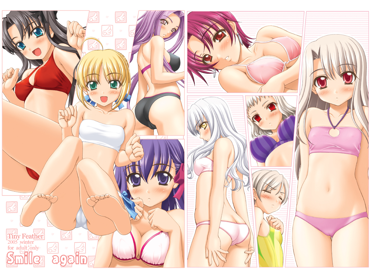 sin-go, artoria pendragon (fate), bazett fraga mcremitz, caren hortensia, illyasviel von einzbern, leysritt (fate), matou sakura, medusa (fate), medusa (rider) (fate), saber (fate), sella (fate), tohsaka rin, fate/hollow ataraxia, fate/stay night, fate (series), 00s, 6+girls, :d, ahoge, ass, bandeau, bare shoulders, barefoot, bikini, blonde hair, blush, breasts, breasts squeezed together, butt crack, cameltoe, cleavage, closed eyes, covered erect nipples, feet, flat chest, happy, large breasts, long hair, looking back, medium breasts, multiple girls, official alternate costume, open mouth, purple eyes, purple hair, red eyes, short hair, small breasts, smile, soles, strapless, striped bikini, striped clothes, swimsuit, tube top, vertical-striped bikini, vertical-striped clothes, white hair, yellow eyes