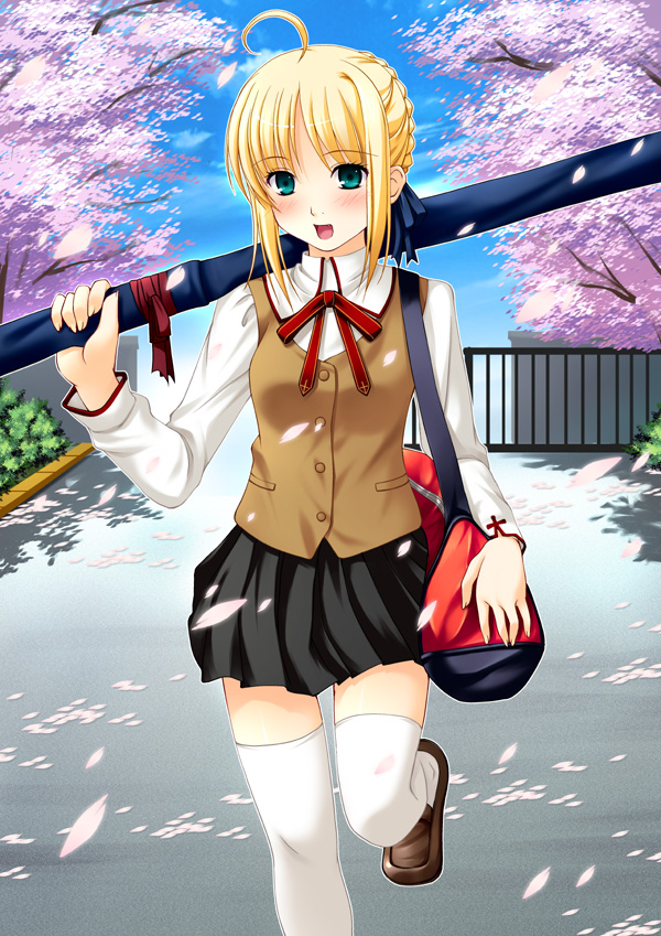 shizuku (artist), artoria pendragon (fate), saber (fate), fate/stay night, fate (series), 00s, homurabara academy school uniform, school uniform, serafuku, solo, thighhighs, white thighhighs, zettai ryouiki