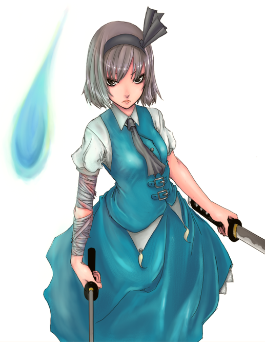 kuroneko jiji, konpaku youmu, konpaku youmu (ghost), touhou, silver hair, 1girl, arm garter, bandages, bob cut, dual wielding, female focus, hitodama, holding, looking at viewer, neck ribbon, ribbon, serious, short hair, simple background, solo, standing, sword, weapon