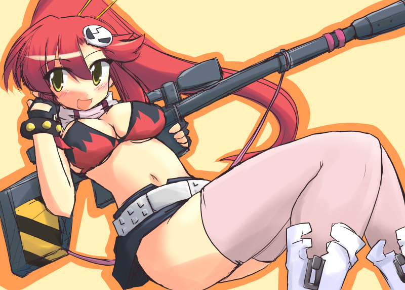 kugui kiyunemu, yoko littner, tengen toppa gurren lagann, 00s, 1girl, anti-materiel rifle, bikini, bikini top only, female focus, gun, rifle, short shorts, shorts, sniper rifle, solo, swimsuit, thighhighs, weapon