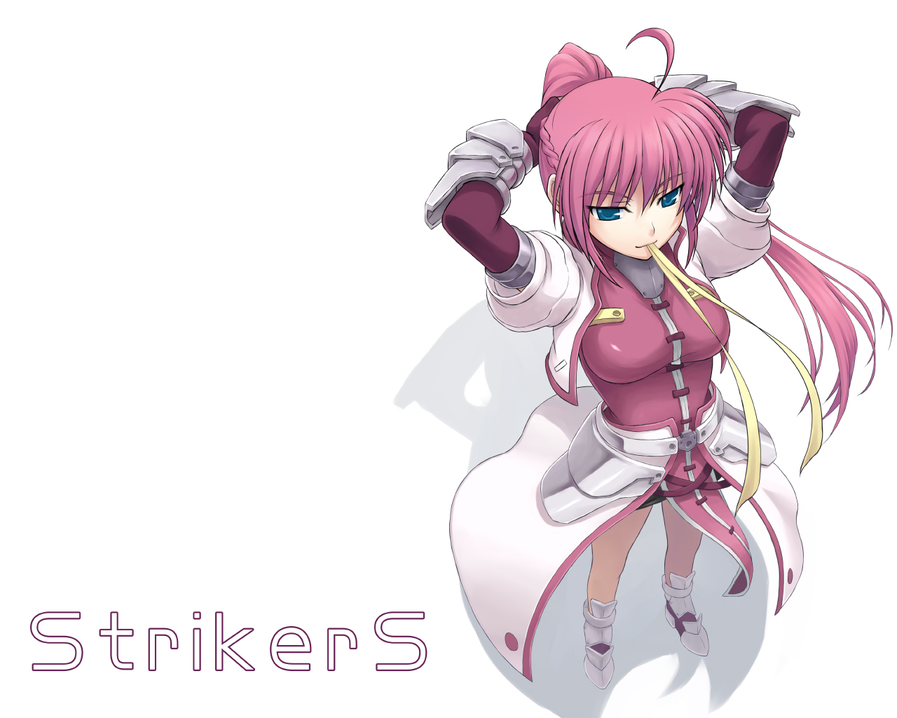 nakayama yukiji, signum, lyrical nanoha, mahou shoujo lyrical nanoha, mahou shoujo lyrical nanoha strikers, 00s, 1girl, adjusting hair, copyright name, female focus, fingerless gloves, from above, gloves, magical girl, ponytail, solo, waist cape
