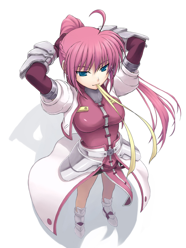 nakayama yukiji, signum, lyrical nanoha, mahou shoujo lyrical nanoha, mahou shoujo lyrical nanoha a's, mahou shoujo lyrical nanoha strikers, 00s, 1girl, adjusting hair, ahoge, armor, blue eyes, boots, cropped jacket, elbow gloves, female focus, fingerless gloves, from above, gloves, jacket, long hair, magical girl, mouth hold, pink hair, ponytail, ribbon, ribbon in mouth, solo, waist cape
