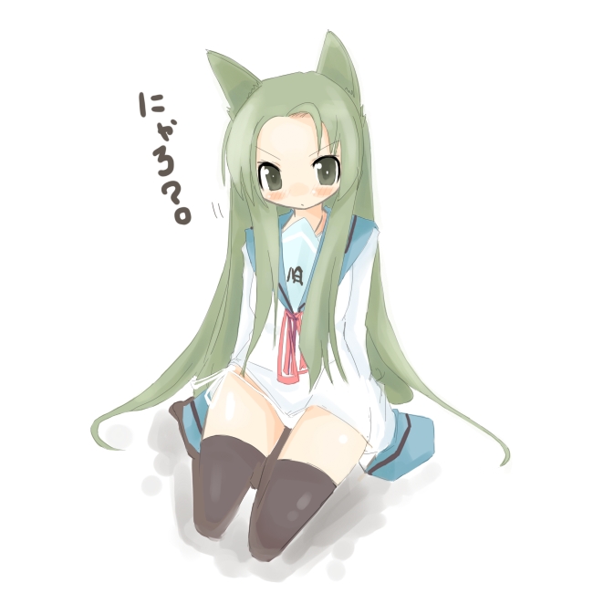kanikama, tsuruya, suzumiya haruhi no yuuutsu, 00s, 1girl, animal ears, cat ears, female focus, long hair, panties, side-tie panties, solo, thighhighs, underwear, very long hair, white panties