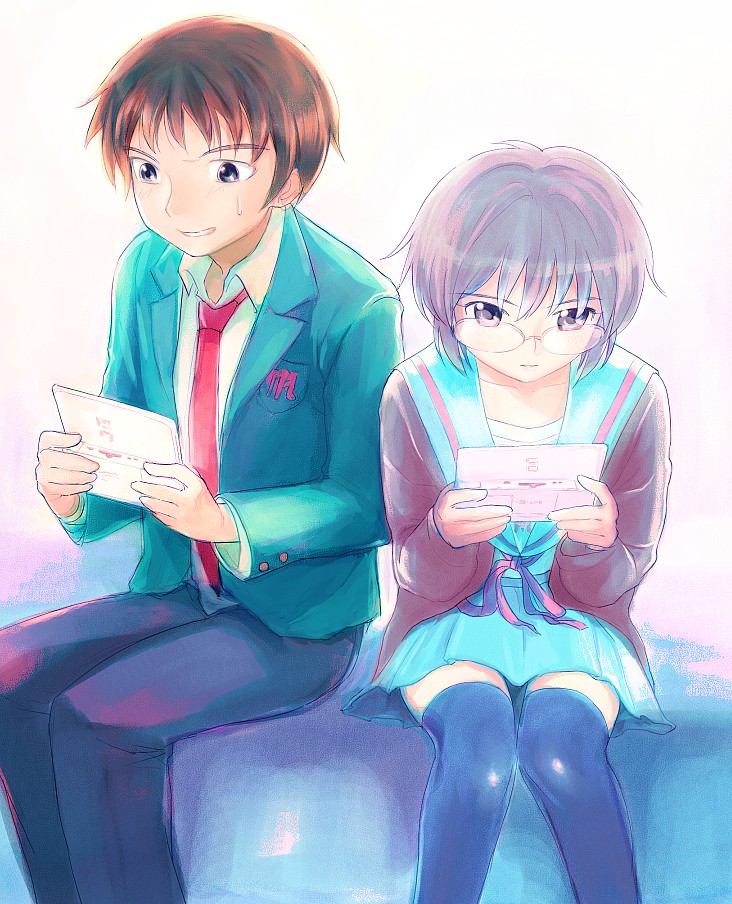 mekarauroko, kyon, nagato yuki, suzumiya haruhi no yuuutsu, 00s, 1boy, 1girl, cardigan, glasses, handheld game console, nintendo ds, playing games, school uniform, serafuku, skirt, thighhighs, video game, zettai ryouiki