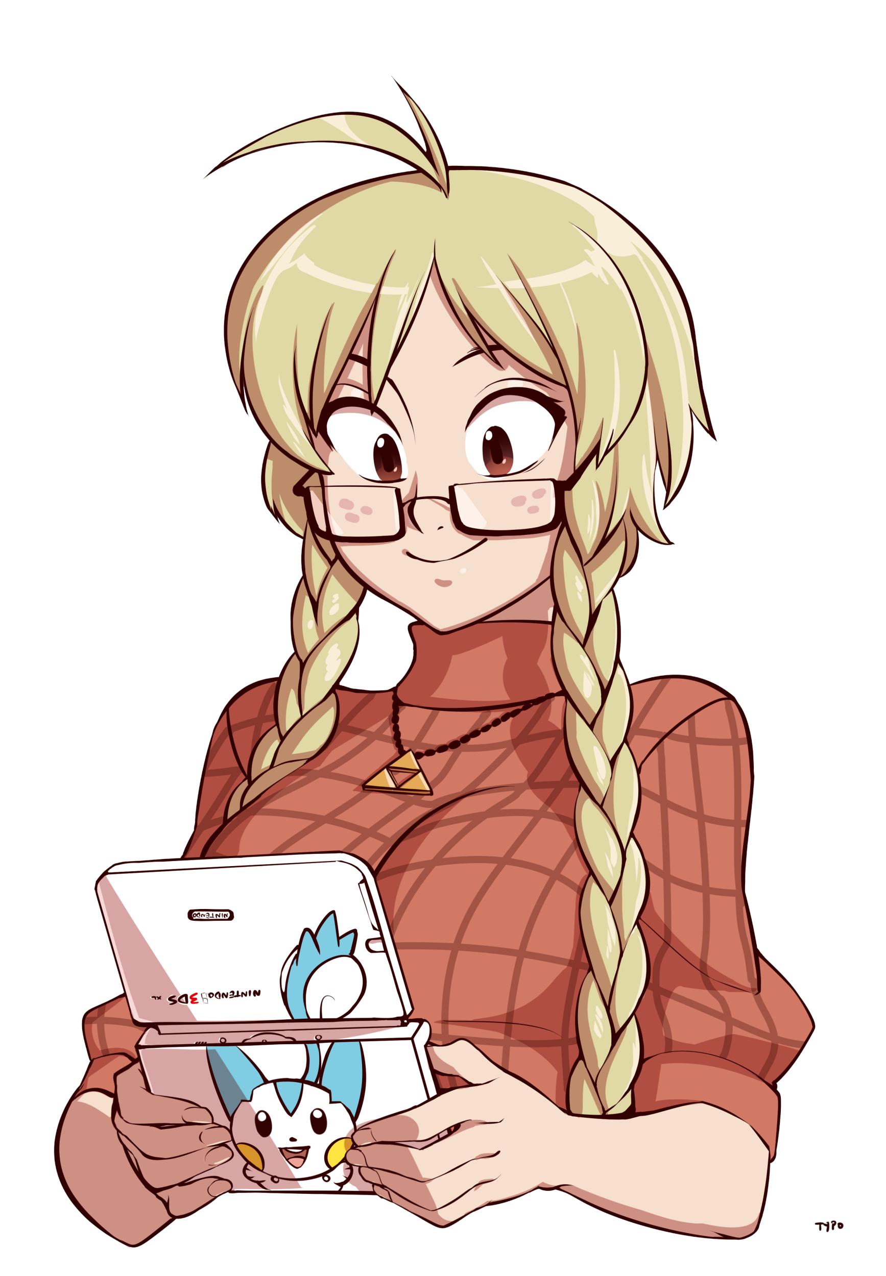 abigail lindstrom, pachirisu, gardnerverse, nintendo, original, pokemon, absurdres, commentary, english commentary, highres, 1girl, ahoge, blonde hair, freckles, gen 4 pokemon, grimtwindd, handheld game console, holding, jewelry, looking down, necklace, nintendo ds, over-rim eyewear, red sweater, semi-rimless eyewear, smile, sweater, triforce, triforce necklace