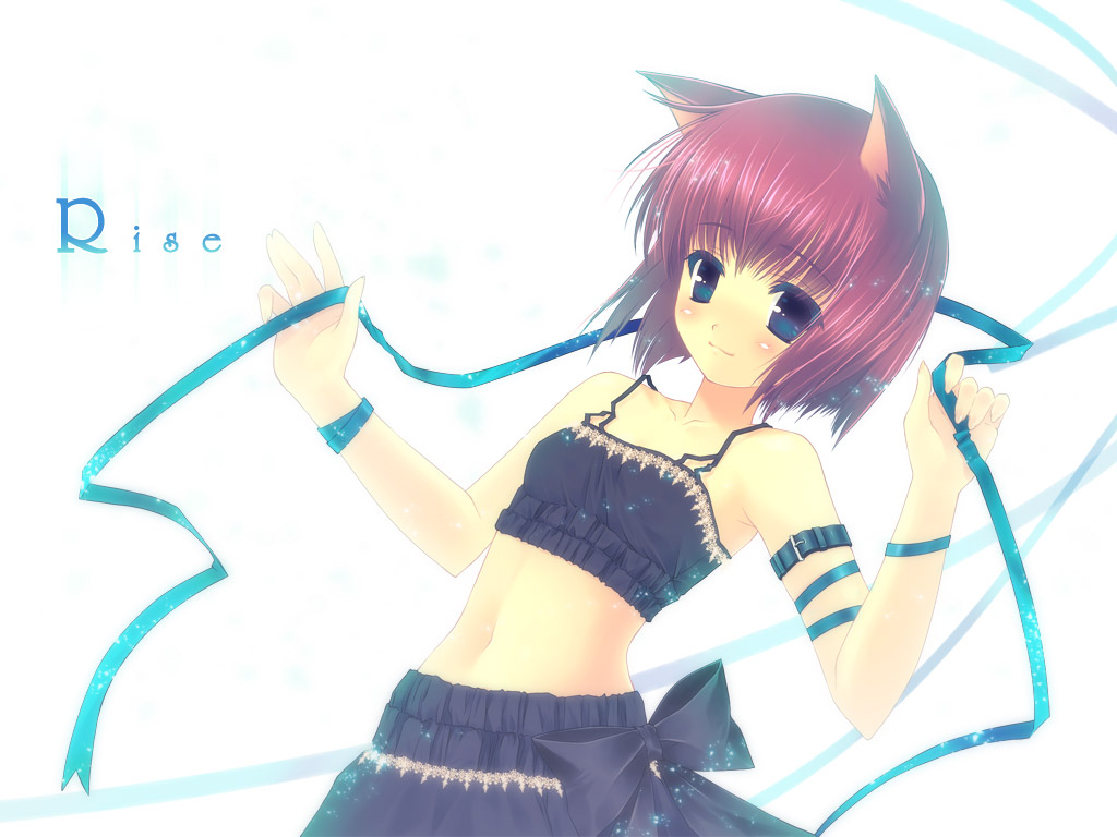 touto seiro, original, animal ears, black eyes, camisole, cat ears, midriff, purple hair, red hair, ribbon, short hair, solo
