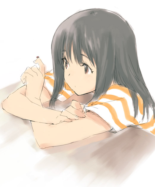 kawata hisashi, konno miyuki, toki wo kakeru shoujo, 00s, 1girl, animal, black hair, bug, eyelashes, female focus, insect, ladybug, long hair, red eyes, shirt, short sleeves, solo, striped clothes, striped shirt, t-shirt, upper body, white background