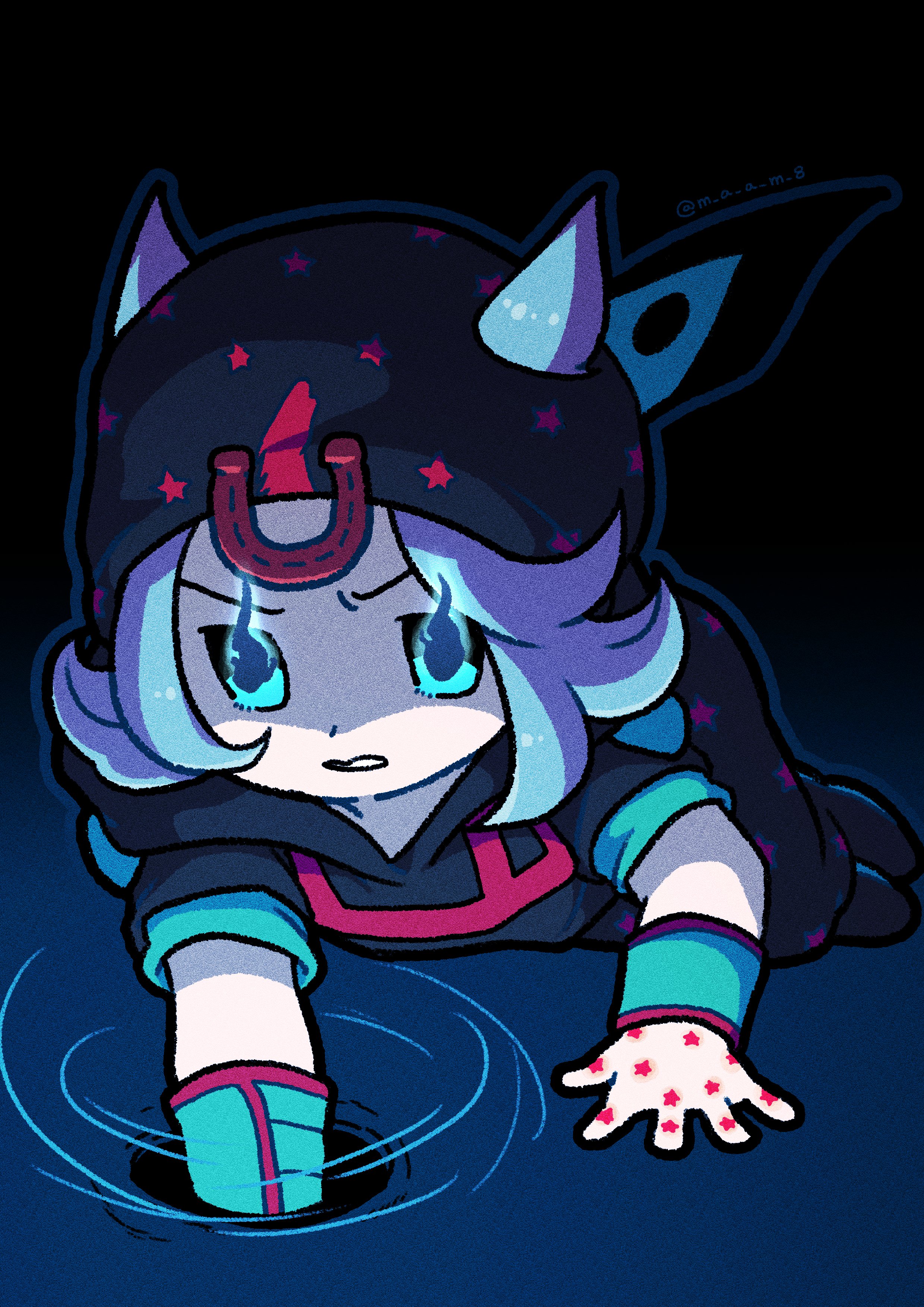 m a a m 8, johnny joestar, jojo no kimyou na bouken, steel ball run, absurdres, commentary request, highres, 1boy, aqua arm warmers, aqua sleeves, beanie, black hat, black hoodie, black pants, black sleeves, blue background, blue eyes, blue hair, chibi, feathers, flaming eyes, hat, hood, hood down, hoodie, horseshoe hat ornament, horseshoe ornament, lying, male focus, pants, ripples, short sleeves, solo, star (symbol), star print, two-tone sleeves, water