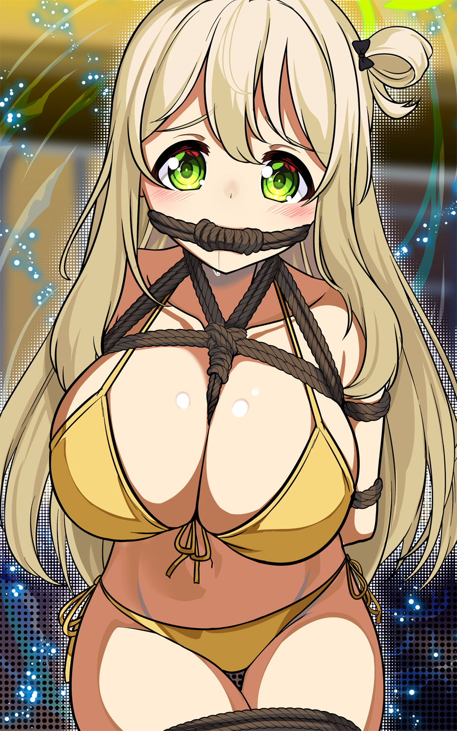 yasume yukito, nonomi (blue archive), nonomi (swimsuit) (blue archive), blue archive, highres, 1girl, arms behind back, bikini, blonde hair, bound, bound arms, bound legs, breast bondage, breasts, flower, front-tie bikini top, front-tie top, gagged, green eyes, green halo, halo, hat, hat flower, large breasts, long hair, looking at viewer, navel, official alternate costume, one side up, rope, rope gag, side-tie bikini bottom, solo, string bikini, swimsuit, very long hair, yellow bikini