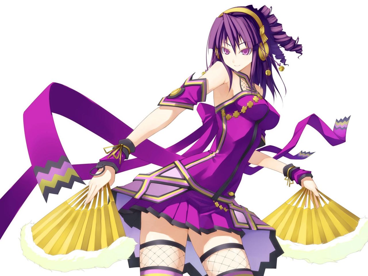 shingo (missing link), umegiri hifumi, beatmania iidx, beatmania iidx 14 gold, bemani, 1girl, armpits, breasts, dual wielding, feather fan, female focus, fishnet thighhighs, fishnets, folding fan, hand fan, headphones, holding, holding fan, miniskirt, purple eyes, purple hair, ribbon, sideboob, simple background, skirt, sleeveless, solo, thighhighs, thighs, zettai ryouiki