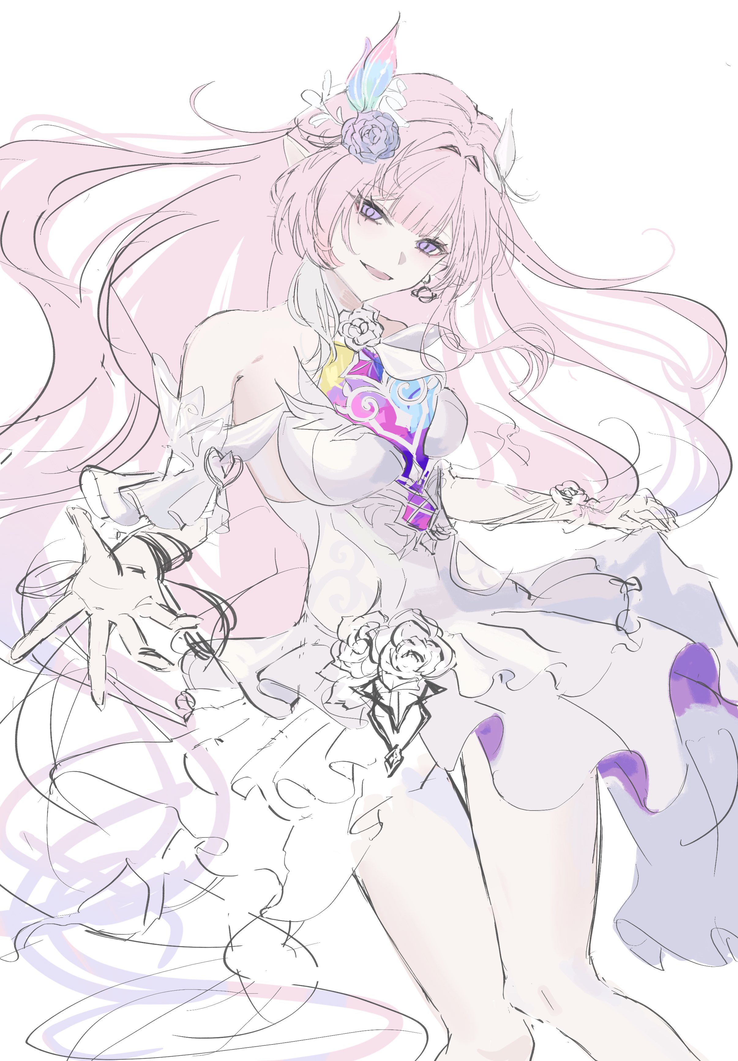 cyrene (honkai: star rail), cyrene (ripples of past reverie) (honkai: star rail), honkai: star rail, honkai (series), absurdres, commentary request, highres, 1girl, bare shoulders, breasts, detached sleeves, earrings, flower, hair flower, hair ornament, jewelry, large breasts, long hair, looking at viewer, pink hair, pointy ears, popoko n, purple eyes, simple background, solo, thighs, very long hair, white background