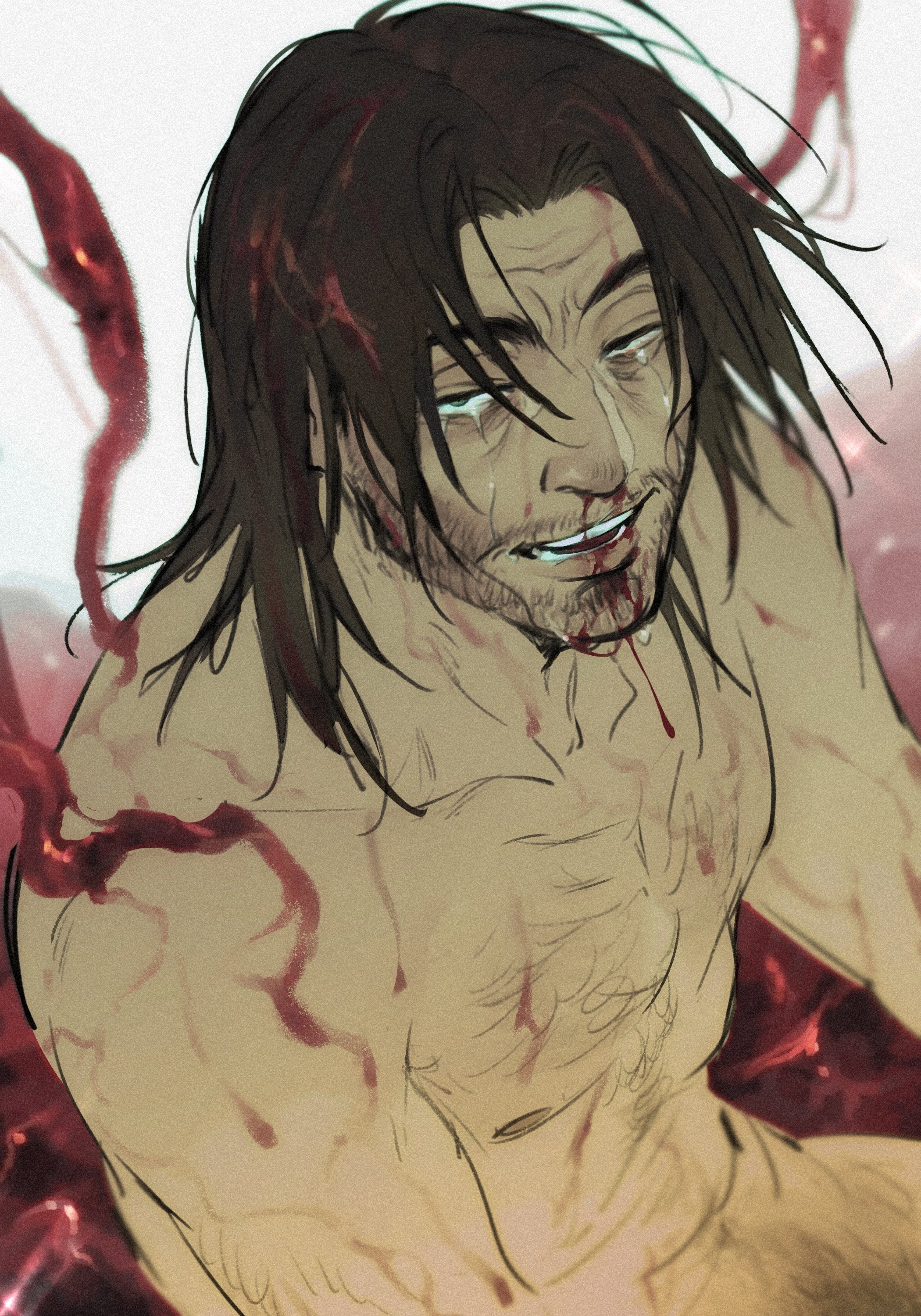 setuyuyu, jimmy (mouthwashing), mouthwashing, absurdres, highres, 1boy, beard stubble, bleeding, blood, blood drip, blood on body, blood on face, brown hair, chest hair, cowboy shot, crying, crying with eyes open, facial hair, half-closed eyes, looking at viewer, male focus, mullet, no pants, no shirt, nosebleed, nude, open mouth, pubic hair, solo, stubble, tears, toned, toned male
