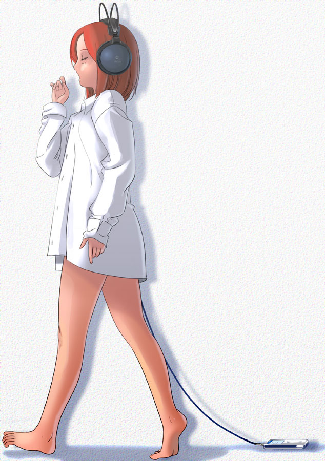 kiriman (souldeep), original, 1girl, barefoot, bottomless, digital media player, dress shirt, female focus, headphones, ipod, ipod nano, ipod nano 3g, shirt, solo