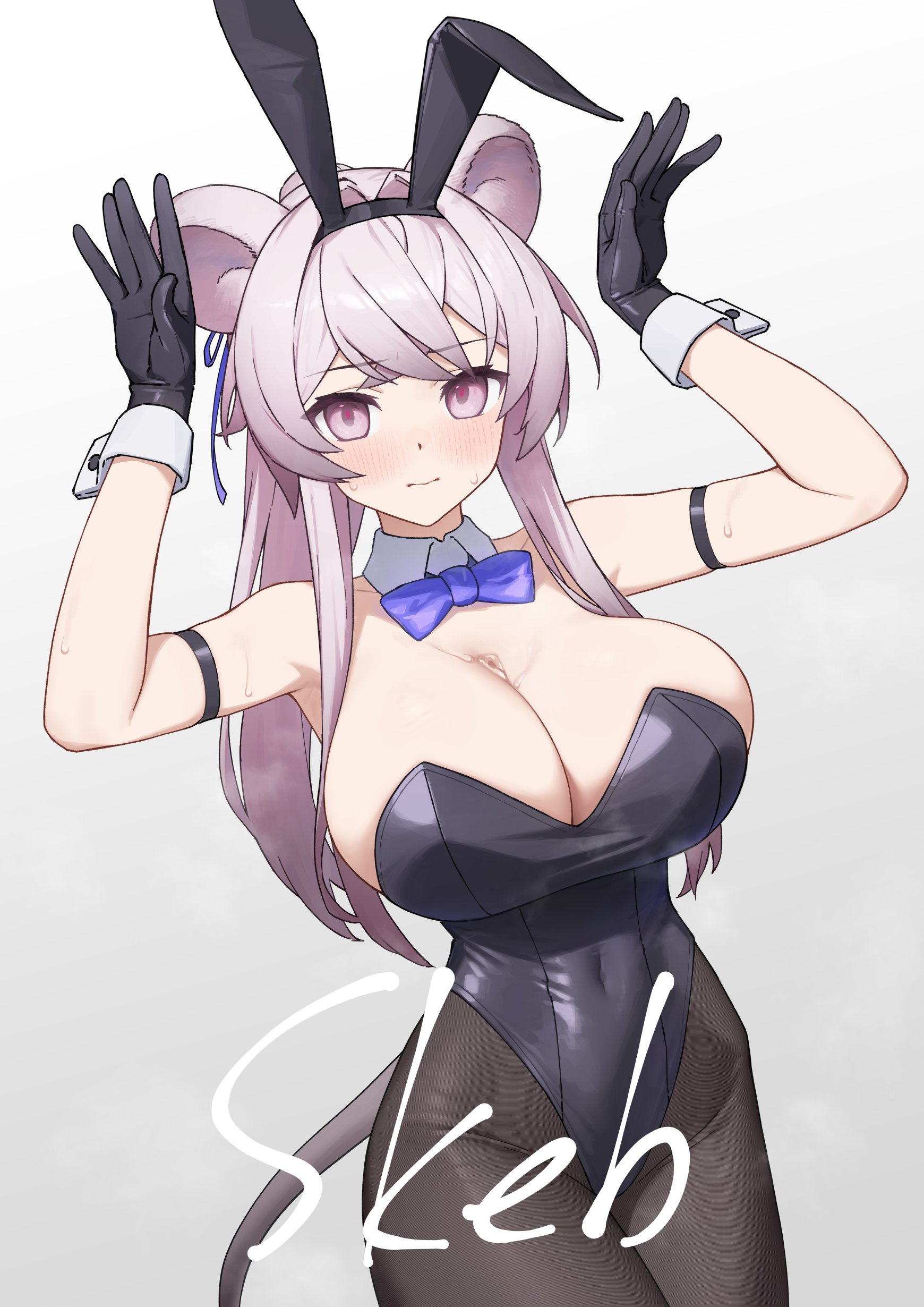 allen.n, lin (arknights), arknights, absurdres, commentary request, commission, highres, skeb commission, 1girl, animal ear hairband, animal ears, arm strap, arms up, bare shoulders, black gloves, black hairband, black leotard, black pantyhose, blush, bow, bowtie, breasts, cleavage, closed mouth, covered navel, cowboy shot, detached collar, embarrassed, fake animal ears, gloves, gradient background, grey background, grey tail, hair intakes, hairband, huge breasts, leotard, long hair, looking at viewer, pantyhose, pink eyes, pink hair, playboy bunny, purple bow, purple bowtie, rabbit ear hairband, rabbit ears, rabbit pose, solo, standing, strapless, strapless leotard, sweat, tail, traditional bowtie, white background
