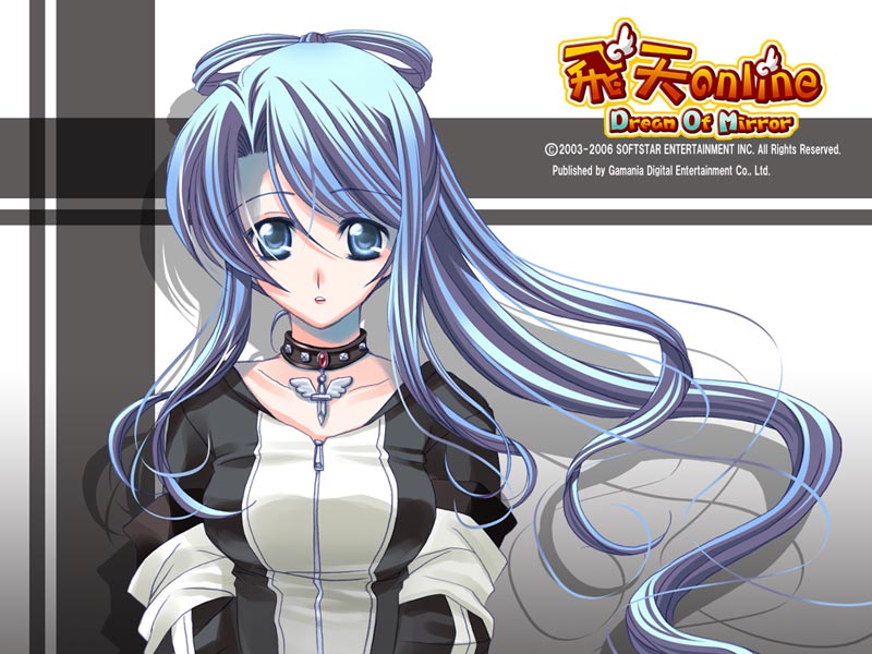 kanami yuki, dream of mirror online, 1girl, blue eyes, blue hair, choker, collarbone, copyright name, female focus, hair rings, logo, long hair, looking at viewer, matching hair/eyes, parted lips, solo, upper body, watermark, zipper