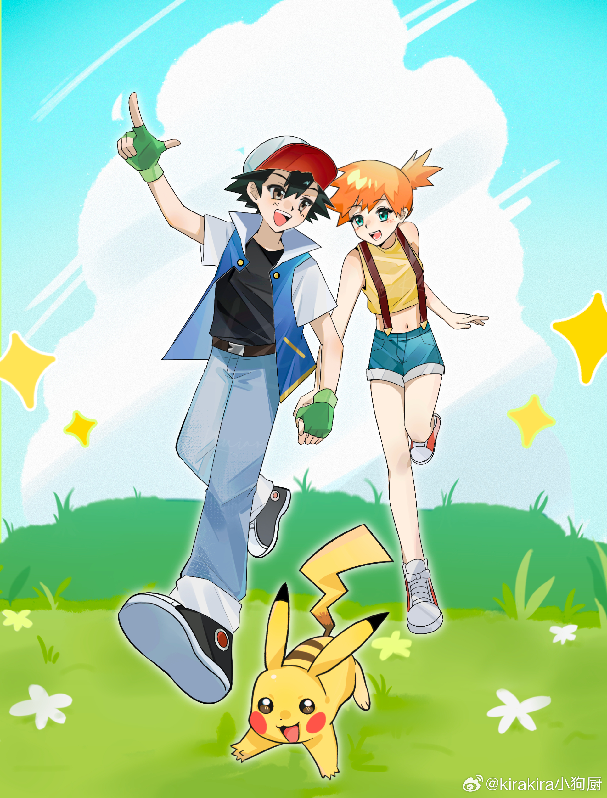 ash ketchum, misty (pokemon), pikachu, nintendo, pokemon, pokemon (anime), pokemon (classic anime), 1boy, 1girl, :d, arm up, baseball cap, belt, belt buckle, black belt, black hair, black shirt, blue jacket, brown belt, brown eyes, buckle, cloud, crop top, day, denim, denim shorts, fingerless gloves, flower, gen 1 pokemon, gloves, grass, green eyes, green gloves, green shorts, hat, holding hands, jacket, knees, midriff, navel, open clothes, open jacket, open mouth, orange hair, outdoors, pants, pointing, pointing up, ponytail, running, shirt, shoes, short hair, short sleeves, shorts, side ponytail, sky, sleeveless, sleeveless shirt, smile, sneakers, sparkle, suspenders, teeth, tongue, upper teeth only, white flower, yellow shirt