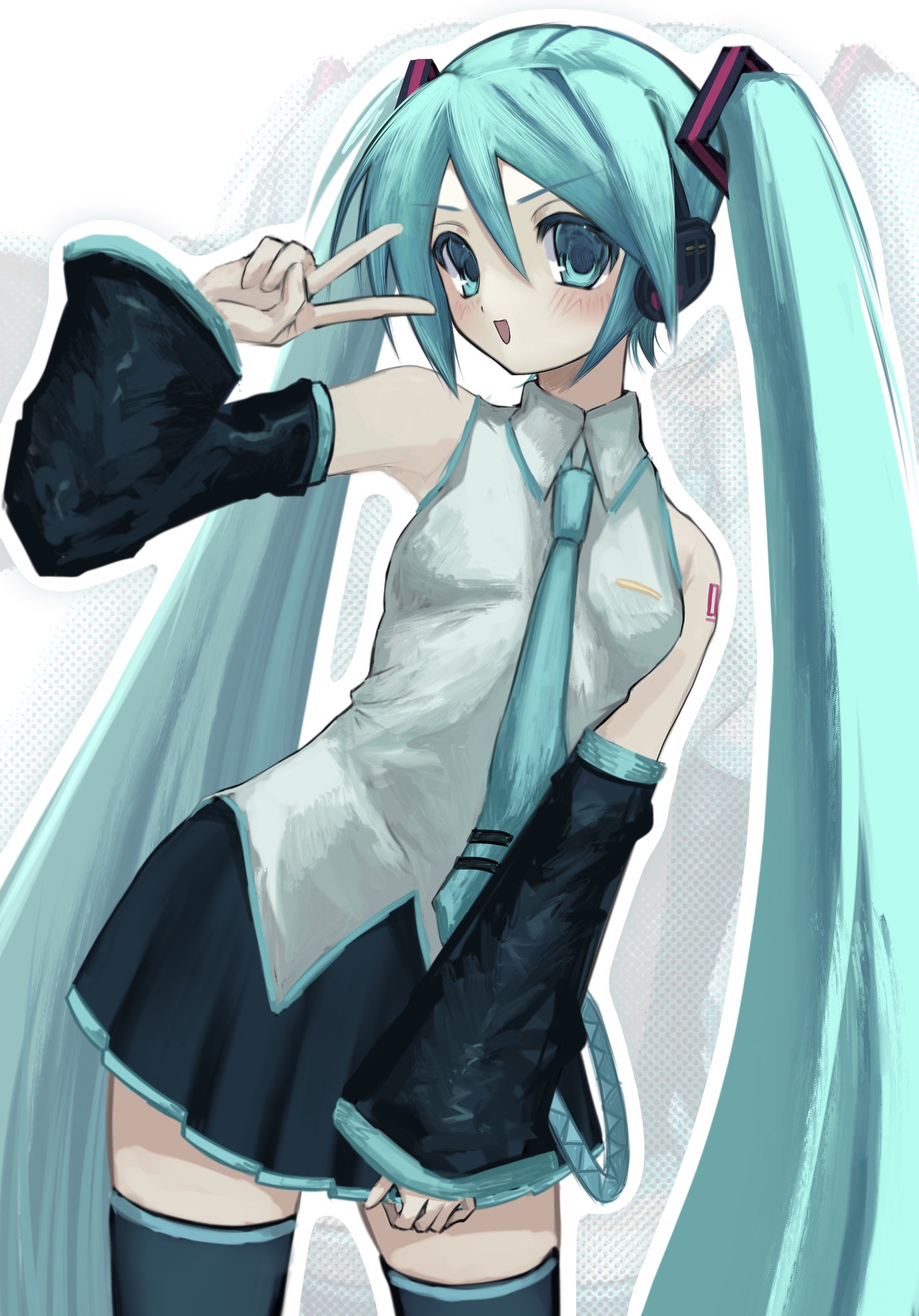 nemu (zutto oyasu3), hatsune miku, vocaloid, commentary, highres, 1girl, blue eyes, blue hair, collared shirt, cowboy shot, detached sleeves, hair ornament, headphones, long hair, long sleeves, looking at viewer, necktie, open mouth, pleated skirt, shirt, skirt, sleeveless, sleeveless shirt, smile, solo, thighhighs, tie clip, v, v over eye, very long hair, zoom layer