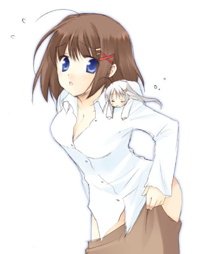 unohana tsukasa, reinforce zwei, yagami hayate, lyrical nanoha, mahou shoujo lyrical nanoha, mahou shoujo lyrical nanoha strikers, 00s, 2girls, :o, ahoge, blue eyes, blush, brown hair, brown skirt, collared shirt, dress shirt, hair ornament, long sleeves, looking at viewer, mini person, minigirl, multiple girls, open mouth, shirt, short hair, simple background, skirt, thighs, undressing, white background, white shirt, x hair ornament