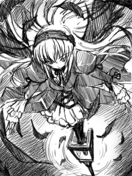 katsupisa, suigintou, rozen maiden, 00s, 1girl, dress, feathers, female focus, floating hair, foreshortening, frilled sleeves, frills, from above, greyscale, hairband, lamppost, legs together, lolita fashion, long hair, long sleeves, monochrome, sketch, solo, standing, wings