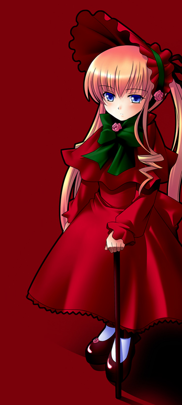 katsupisa, shinku, rozen maiden, 00s, 1girl, blonde hair, blue eyes, blush, bonnet, bow, cane, dress, expressionless, female focus, flower, green bow, lolita fashion, long hair, long sleeves, pantyhose, pink flower, pink rose, red background, red dress, red shoes, rose, shoes, sidelocks, simple background, solo, standing, twintails, white pantyhose
