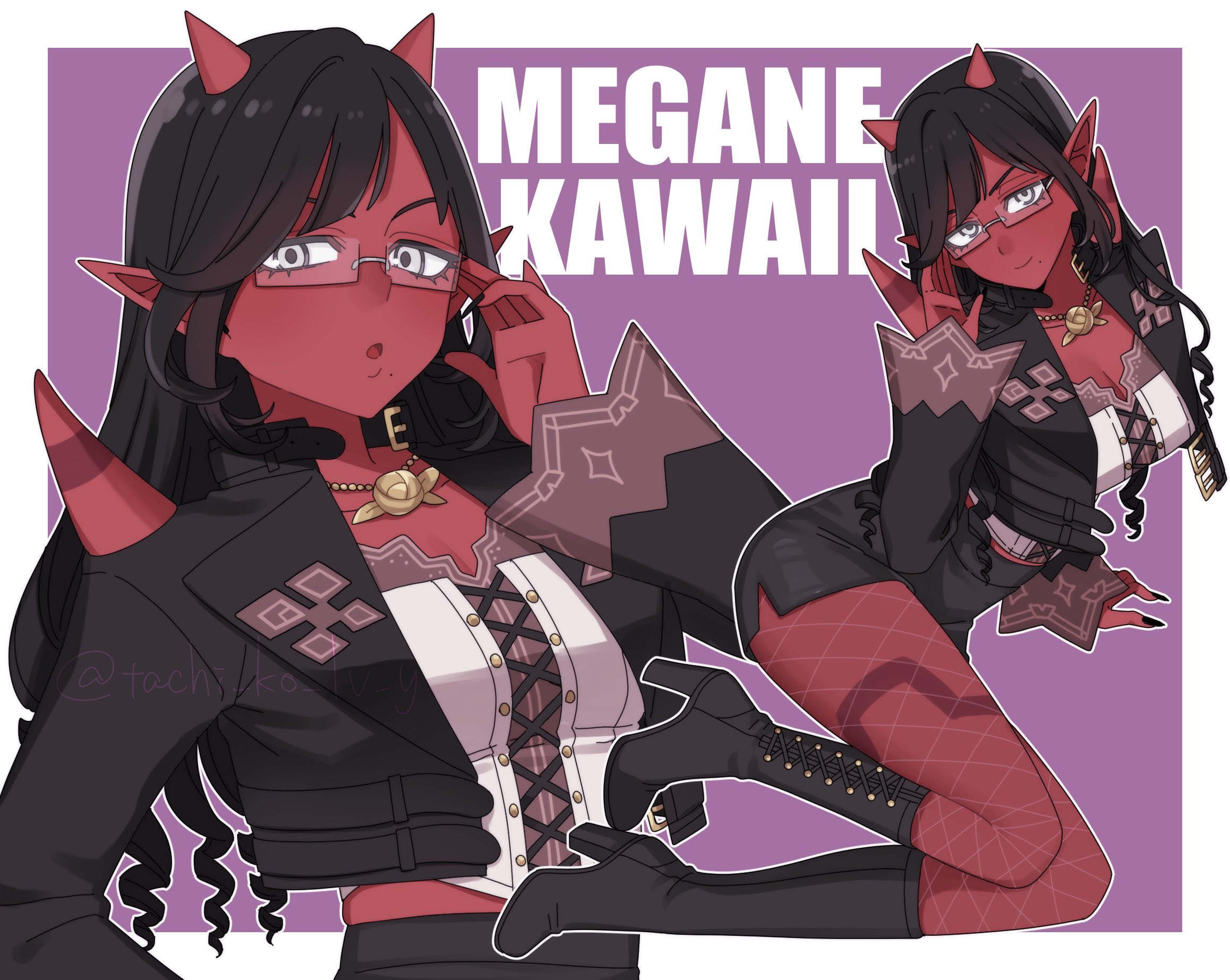 tachi ko lv y, ogre (dq10), dragon quest, dragon quest x, commentary request, highres, 1girl, adjusting eyewear, arm support, bespectacled, black boots, black hair, black jacket, black nails, black skirt, bodice, body markings, boots, border, breasts, cleavage, colored skin, cropped jacket, curly hair, fingernails, fishnet pantyhose, fishnets, glasses, gold necklace, grey eyes, high heel boots, high heels, horns, jacket, jewelry, large breasts, long hair, looking at viewer, mole, mole under mouth, multiple views, necklace, open mouth, pantyhose, pointy ears, purple background, red skin, rimless eyewear, romaji text, sharp fingernails, shoulder spikes, side slit, sitting, skirt, solo, spikes, white border