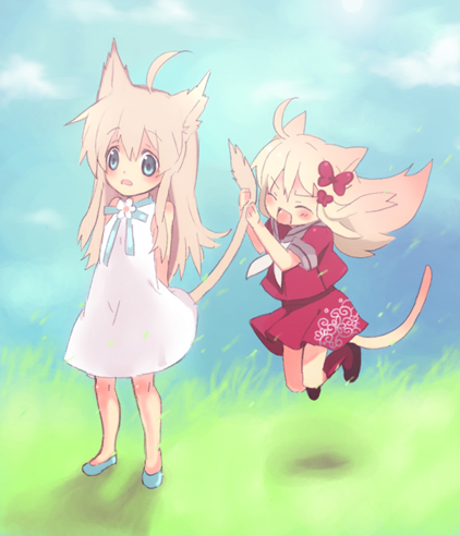 shiratama shima, lowres, 2girls, animal ears, blonde hair, blue eyes, blush, cat ears, cat tail, holding another's tail, multiple girls, tail, tail grab