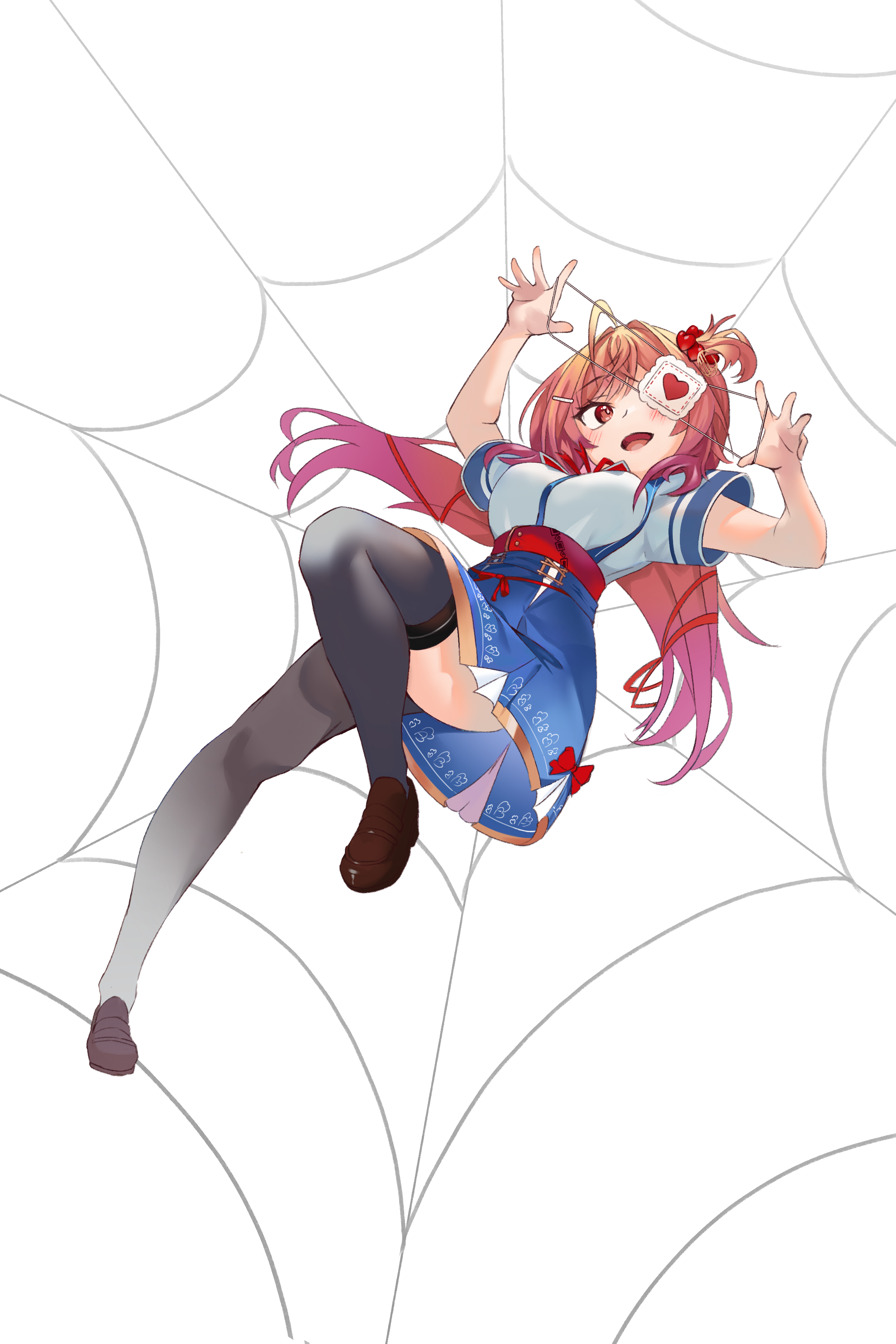 salt-less, akai haato, akai haato (1st costume), ichijou ririka, hololive, hololive dev is, absurdres, highres, 1girl, :d, ahoge, akai haato (cosplay), black thighhighs, blue skirt, breasts, brown shoes, cleavage, collared shirt, cosplay, eyepatch, full body, gradient hair, hair ornament, hairclip, heart, heart hair ornament, high-waist skirt, loafers, long hair, looking at viewer, miniskirt, multicolored hair, neck ribbon, one side up, open mouth, orange eyes, orange hair, pink hair, red ribbon, ribbon, shirt, shoes, short sleeves, silk, simple background, skirt, smile, solo, spider web, swept bangs, thighhighs, virtual youtuber, white background, white shirt