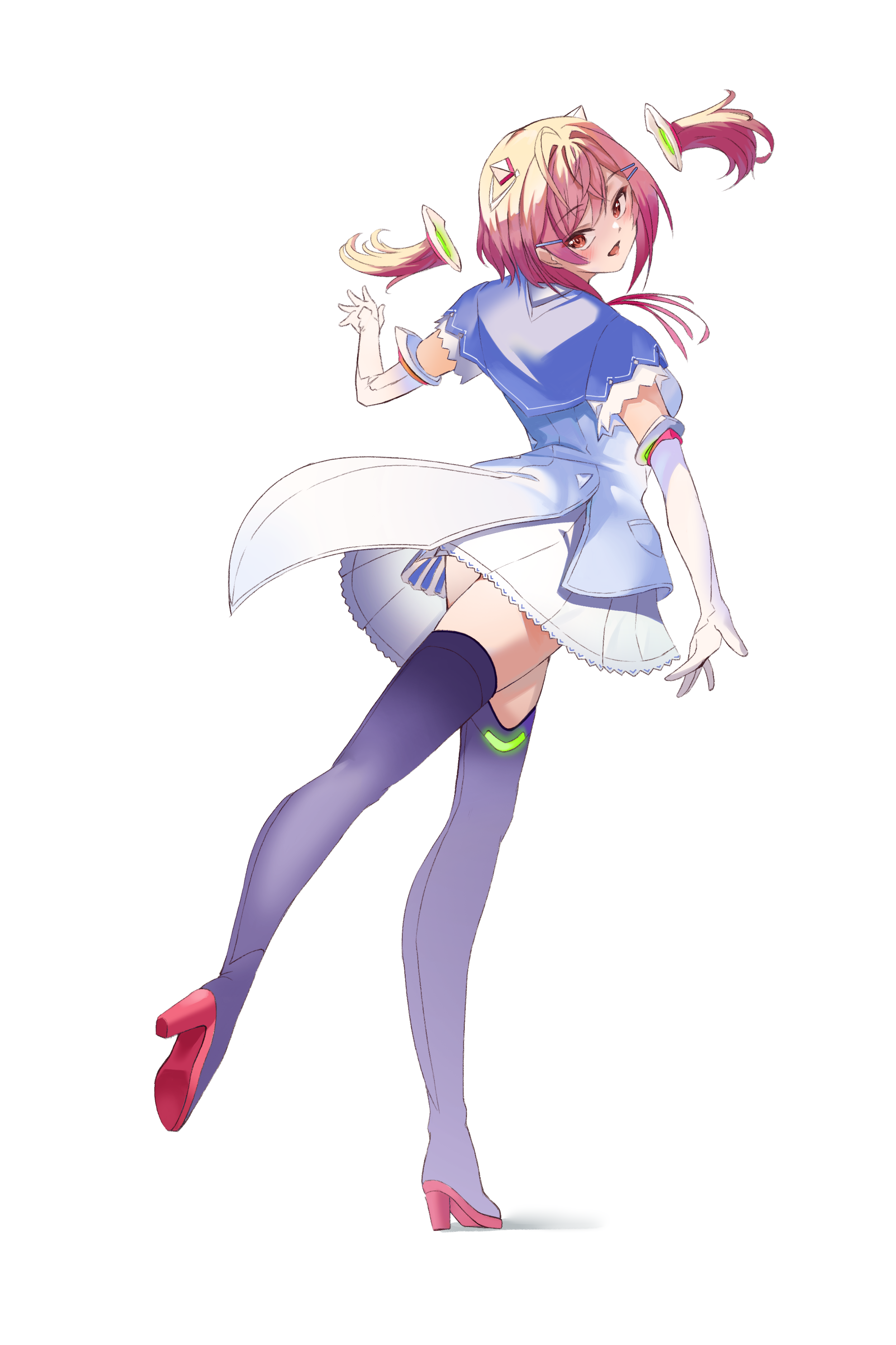 salt-less, aki rosenthal, aki rosenthal (1st costume), ichijou ririka, hololive, hololive dev is, absurdres, commentary, highres, 1girl, :d, ahoge, aki rosenthal (cosplay), black boots, bob cut, boots, breasts, cleavage, colored shoe soles, cosplay, detached hair, dress, full body, gradient hair, hair ornament, hairclip, headgear, looking at viewer, low twintails, miniskirt, multicolored hair, open mouth, orange eyes, orange hair, pink hair, pleated skirt, short dress, short hair, simple background, skirt, smile, solo, swept bangs, thigh boots, twintails, virtual youtuber, white background, white skirt