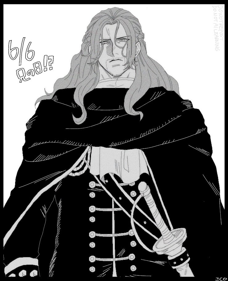 figarland shamrock, one piece, commentary, symbol-only commentary, 1boy, ascot, beard stubble, braid, c o mori, cloak, closed mouth, dated, facial hair, gloves, greyscale, long hair, looking at viewer, male focus, monochrome, sidelocks, simple background, solo, stubble, upper body