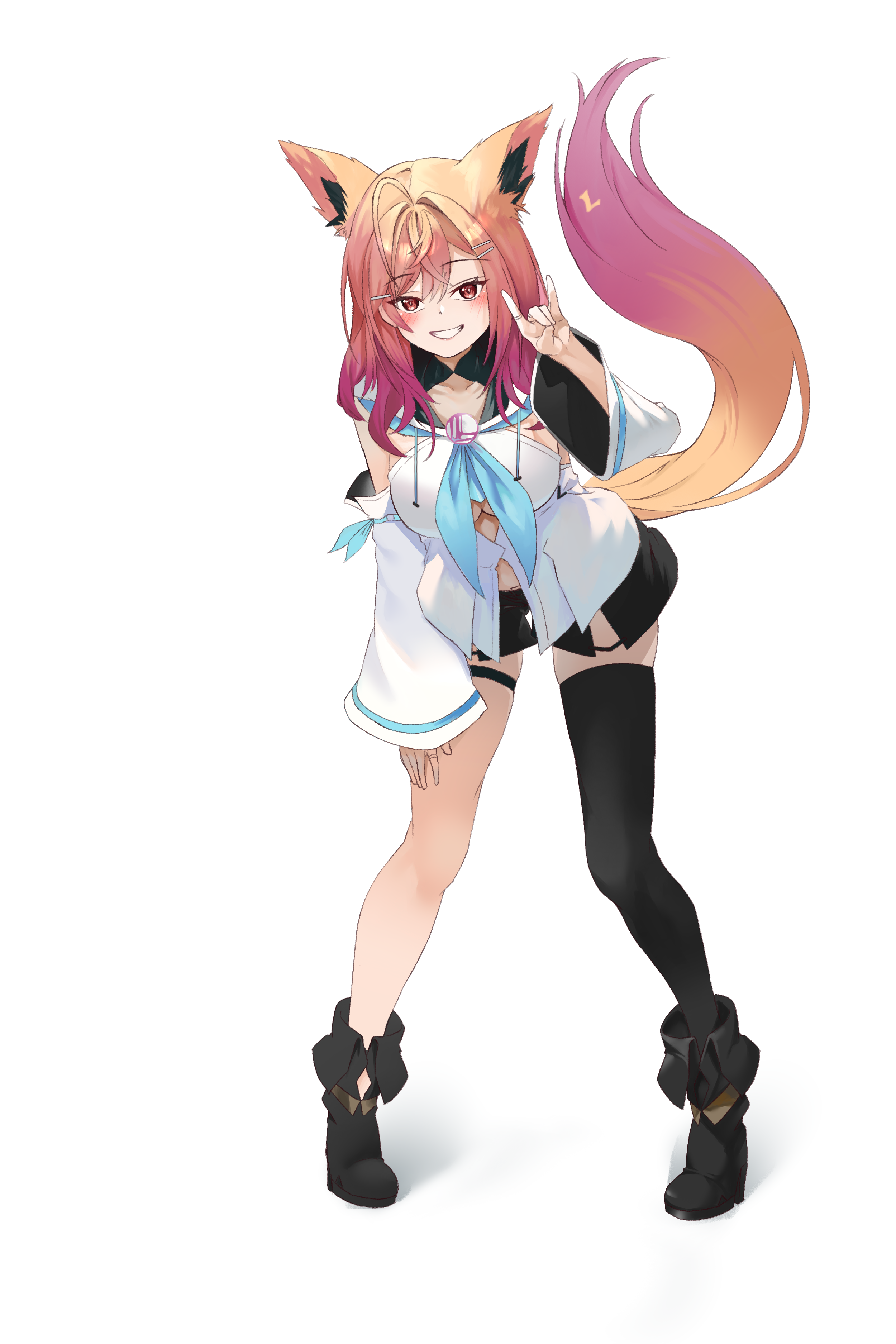 salt-less, ichijou ririka, shirakami fubuki, shirakami fubuki (1st costume), hololive, hololive dev is, absurdres, commentary, highres, 1girl, :d, ahoge, animal ears, black boots, black shorts, black thighhighs, blue neckerchief, boots, breasts, cleavage, cosplay, detached sleeves, fold-over boots, fox ears, fox girl, fox shadow puppet, fox tail, front slit, full body, gradient hair, grin, hair ornament, hairclip, hand up, hood, hooded vest, hoodie, large breasts, leaning forward, long hair, looking at viewer, multicolored hair, neckerchief, open mouth, orange hair, pink hair, shirakami fubuki (cosplay), short shorts, shorts, simple background, single thighhigh, smile, solo, swept bangs, tail, thigh strap, thighhighs, vest, virtual youtuber, white background, white sleeves, wide sleeves