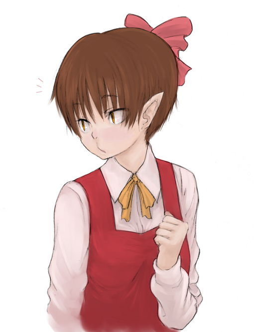 z-ton, nekomusume, gegege no kitarou, toei company, 1girl, arm at side, ascot, bow, brown eyes, brown hair, clenched hand, collared shirt, female focus, hair bow, hand on own chest, long sleeves, looking to the side, pink bow, pointy ears, shirt, short hair, simple background, solo, upper body, very short hair, vest, white background