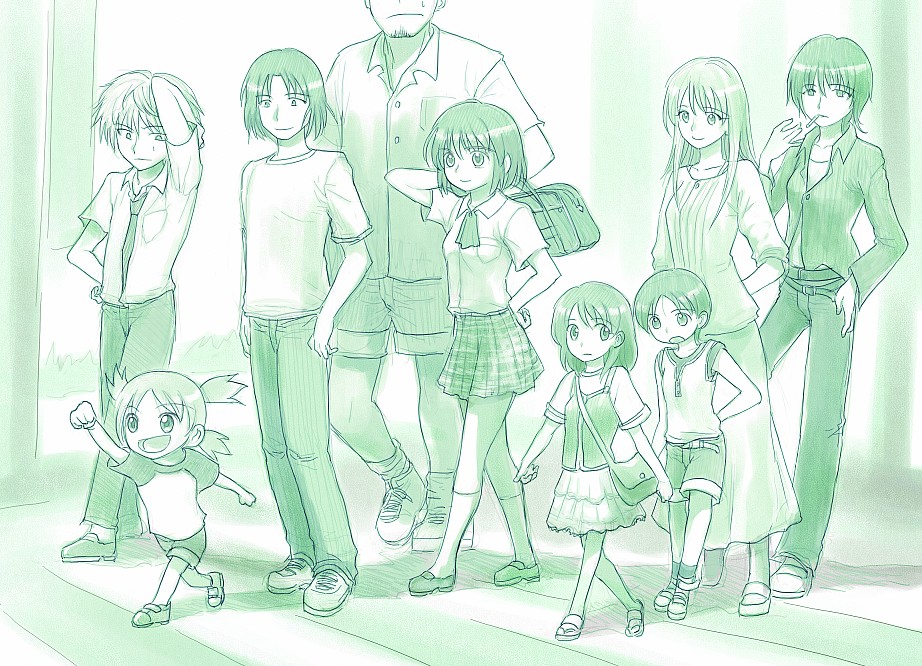 mekarauroko, ayase asagi, ayase ena, ayase fuuka, hayasaka miura, jumbo, koiwai yotsuba, mr. koiwai, torako (yotsubato!), yanda, yotsubato!, 3boys, 6+girls, child, everyone, green theme, monochrome, multiple boys, multiple girls, thick eyebrows