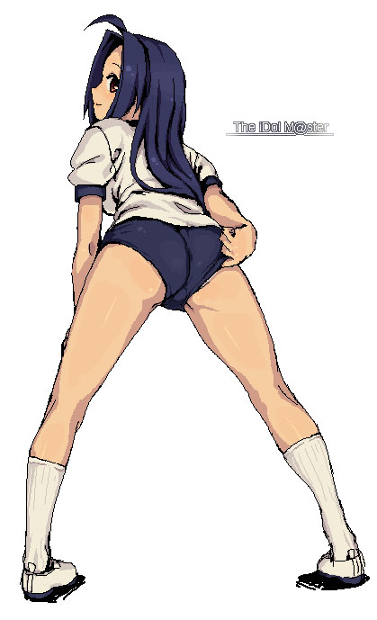 rkrk, miura azusa, idolmaster, idolmaster (classic), idolmaster 1, white legwear, 00s, adjusting buruma, adjusting clothes, buruma, full body, gym uniform, oekaki, simple background, solo, standing, white background