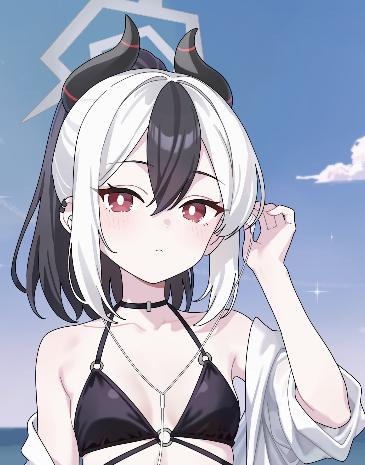 aowow, kayoko (blue archive), blue archive, highres, 1girl, bare shoulders, bikini, black bikini, black hair, blush, closed mouth, demon girl, demon horns, ear piercing, flat chest, grey halo, hair between eyes, halo, horns, long hair, looking at viewer, multicolored hair, open clothes, open shirt, piercing, ponytail, red eyes, shirt, sidelocks, solo, swimsuit, two-tone hair, white hair, white shirt
