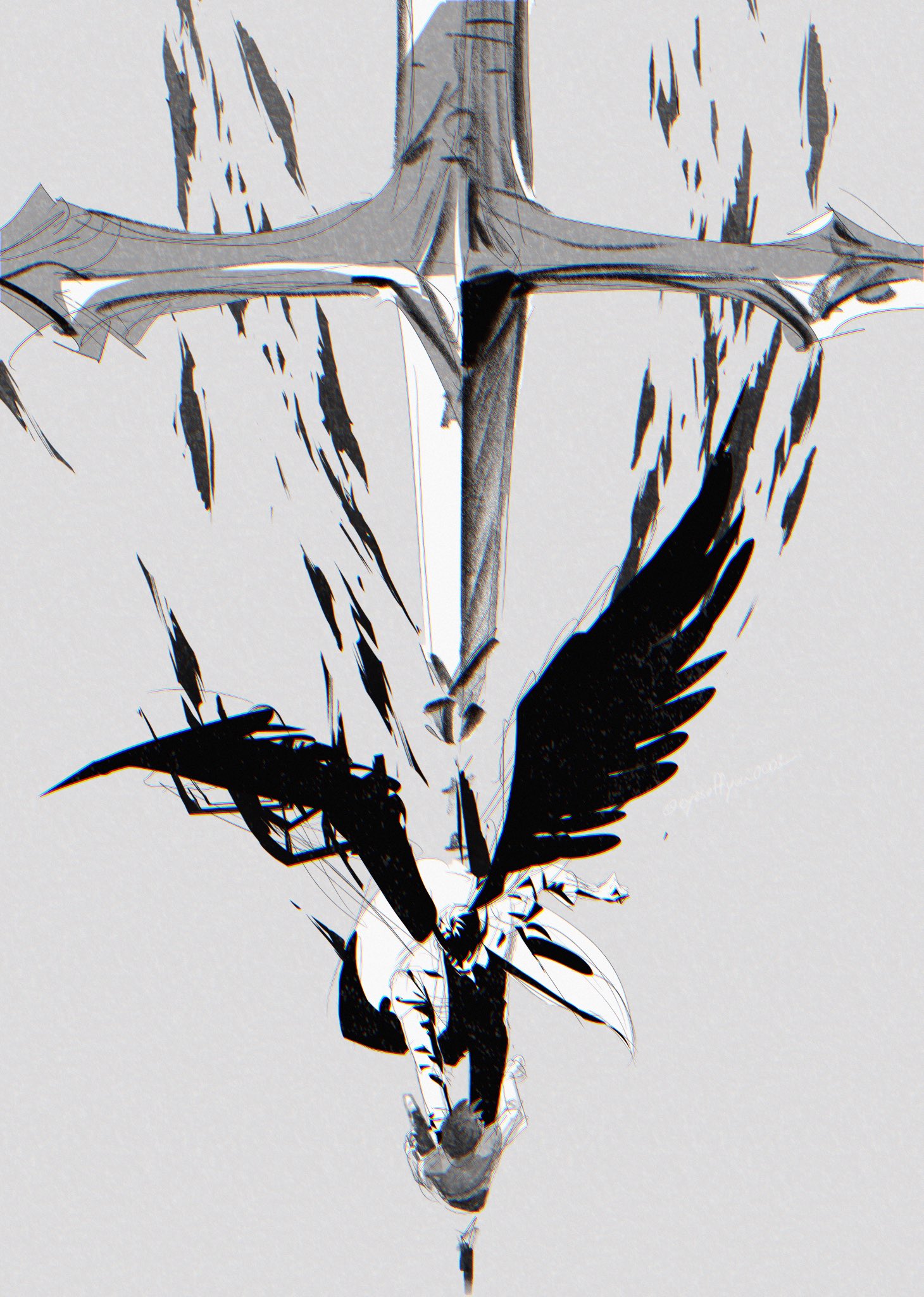 kim dokja, omniscient reader's viewpoint, highres, 2boys, black hair, black wings, clothes grab, coat, dual persona, eyesoffyou0003, faceless, falling feathers, feathered wings, feathers, from above, full body, grey vest, greyscale, looking at another, monochrome, multiple boys, official alternate costume, oldest dream, open clothes, open coat, oversized object, short hair, sword, vest, weapon, white coat, wings