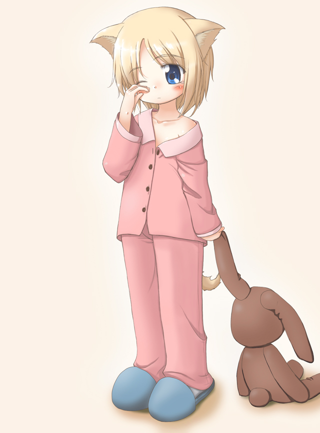 ikuno yui, alice (ikuno yui), original, 1girl, animal ears, blonde hair, blue eyes, cat ears, dog ears, dog tail, female focus, pajamas, slippers, solo, stuffed animal, stuffed toy, tail, teddy bear
