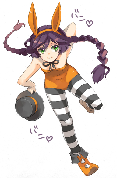 loo, original, 1girl, animal ears, black & white, braid, fake animal ears, female focus, full body, green eyes, hat, leotard, pantyhose, patterned legwear, playboy bunny, rabbit ears, simple background, solo, strapless, striped clothes, striped pantyhose, top hat, twin braids, two-tone stripes