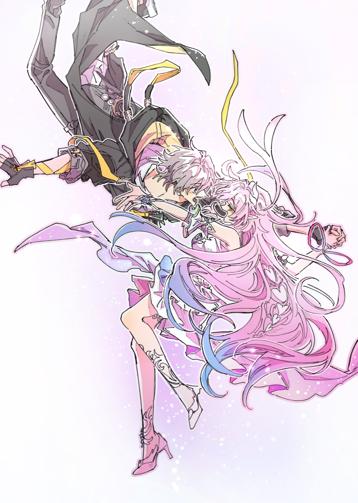 3chyun, caelus (honkai: star rail), cyrene (honkai: star rail), cyrene (ripples of past reverie) (honkai: star rail), trailblazer (honkai: star rail), honkai: star rail, honkai (series), commentary request, highres, korean commentary, 1girl, black coat, black gloves, black pants, blue hair, breasts, coat, dress, fingerless gloves, gloves, grey background, grey hair, high heels, holding hands, imminent hug, long hair, medium breasts, multicolored hair, pants, pink hair, simple background, smile, two-tone hair, very long hair, white dress, yellow eyes