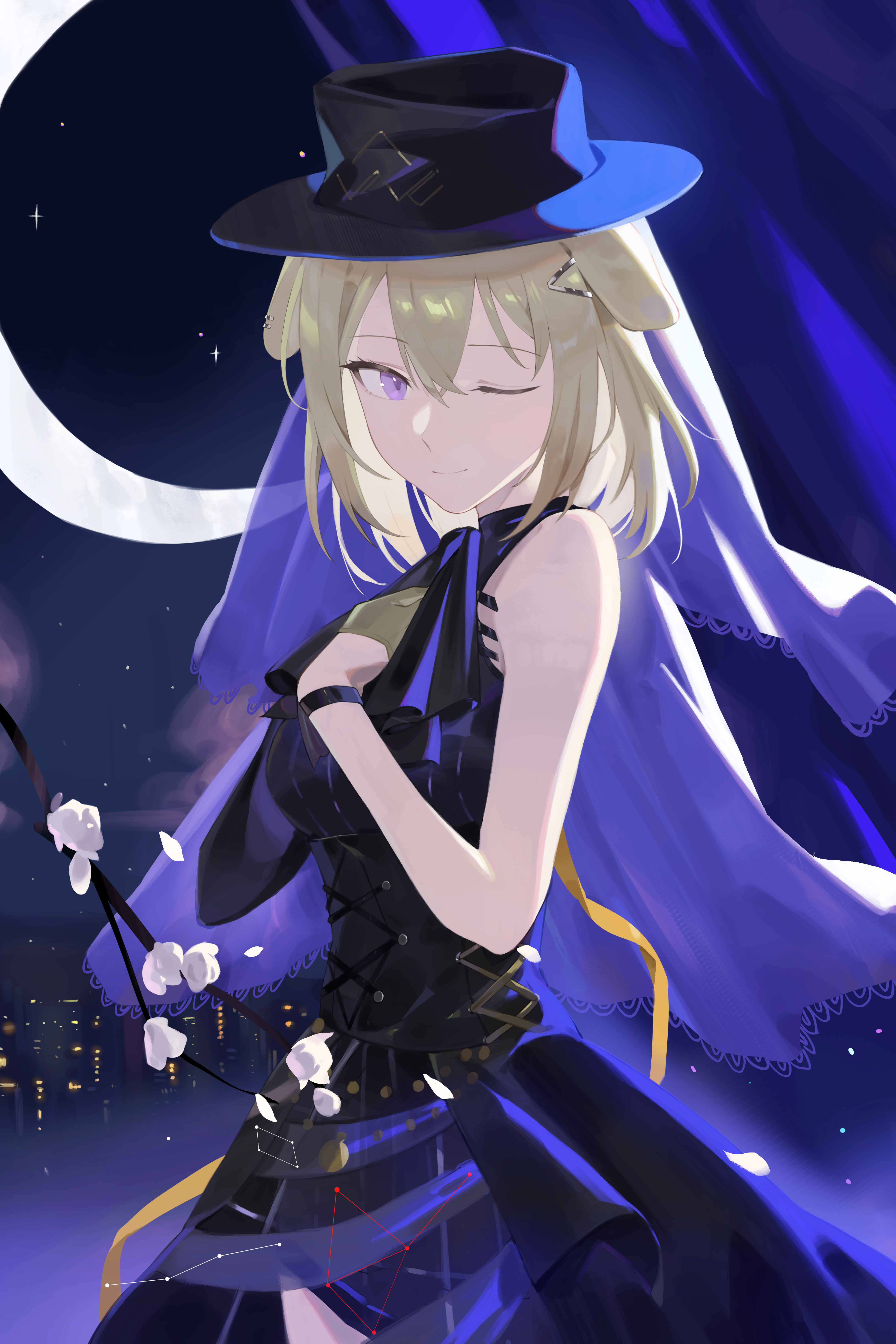 haizou bingsan, misumi uika, arknights, bang dream!, bang dream! it's mygo!!!!!, absurdres, commentary, highres, 1girl, animal ears, black dress, black hat, blonde hair, breasts, brown gloves, closed mouth, constellation, crop top, dog ears, dog girl, dress, gloves, hair between eyes, hair ornament, hairclip, hand on own chest, hat, medium breasts, medium hair, misumi uika (caged singer), petals, purple eyes, solo